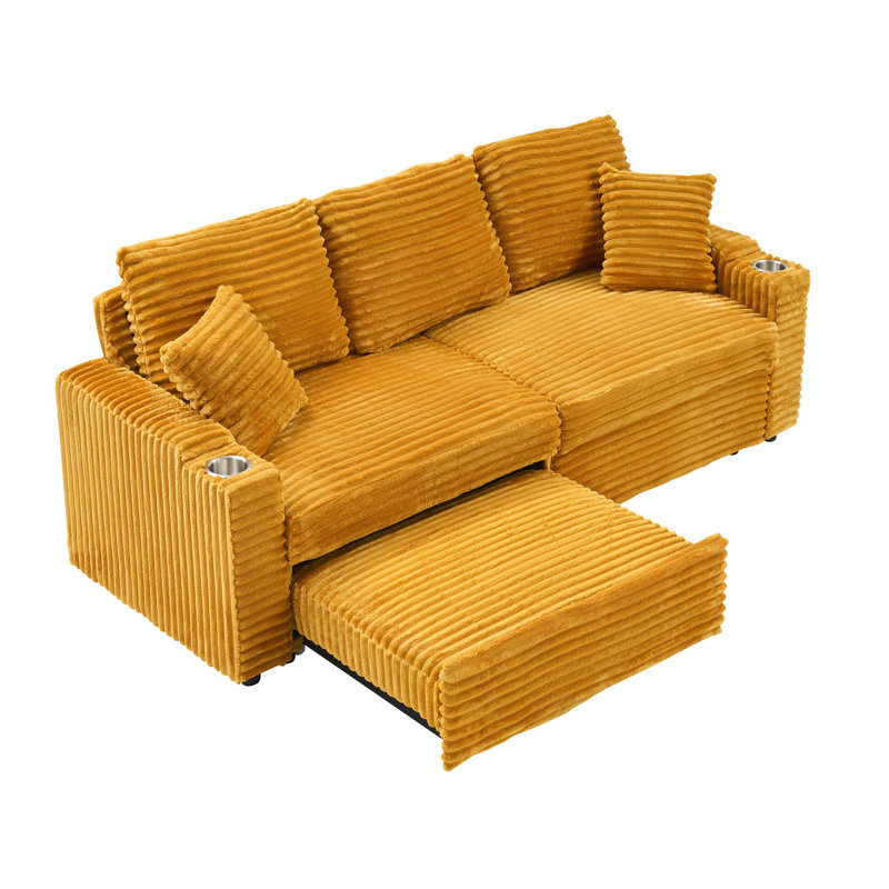 Canapé coulissant deux-en-un avec fonction d'inclinaison pliable et cachée, revêtement en velours côtelé, porte-gobelet pratique et coussin confortable, idéal pour un salon polyvalent