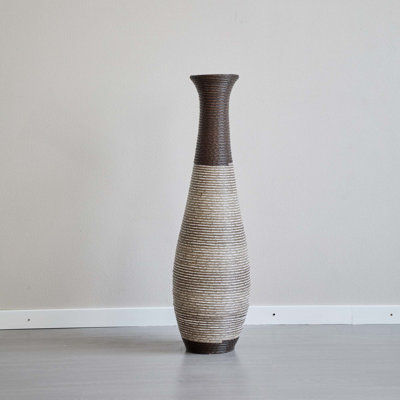 Hand-Woven Pvc Rattan Floor Vase, 39.3 Inch Tall Decorative Vase For Home Decor, Brown Two-Tone Farmhouse Vase For Living Room, Bohemian & Coastal Style