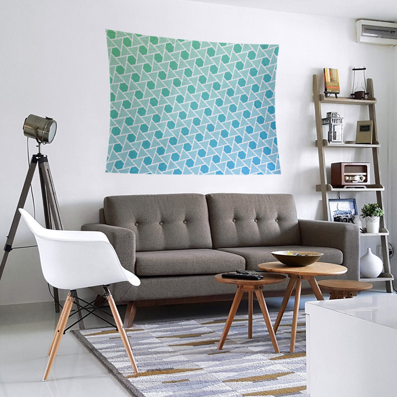 Tapisserie murale hexagonales et triangles, H 88 po x l 104 po, Vert / Bleu