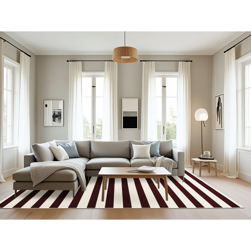 Tapis beige à rayures horizontales lavable à la machine, Rectangle 8 pi x 12 pi