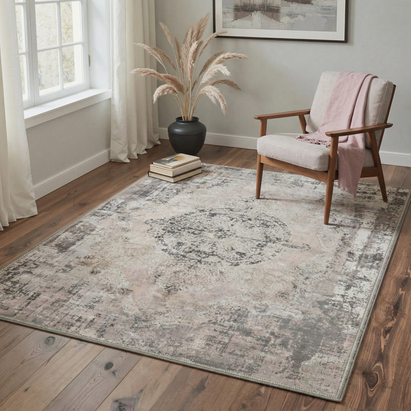 Tapis gris / rose délavé à la machine Combs Modern, Rectangle 6 pi x 9 pi
