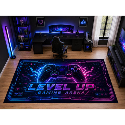 "Ultra Light Weight" Large 6'7" x 9'10" Level Up Gaming Controller Area Rug for Kids Room Playroom, Soft Low Pile Indoor Rug and Non-Slip Silicone Backing, Black