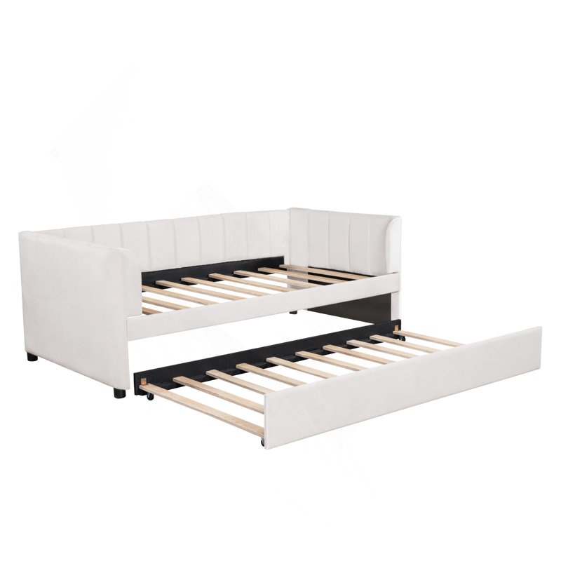 Lit de jour simple rembourré avec dossier ergonomique et lit gigogne, Beige