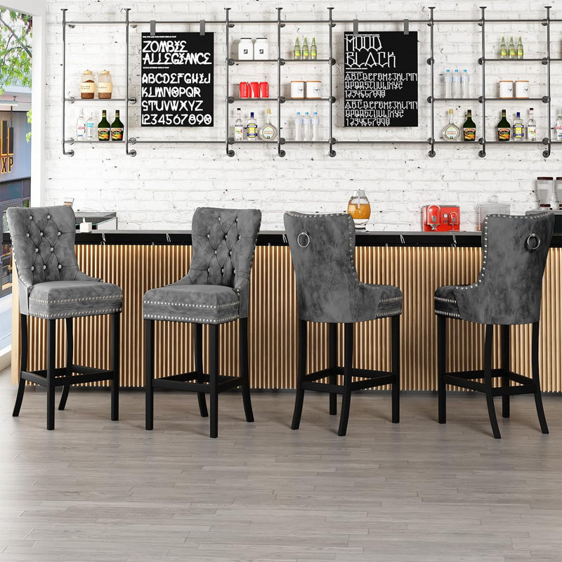 Tabouret de comptoir rembourré avec structure en bois massif Kuplerski (ensemble de 2), Noir, Gris foncé