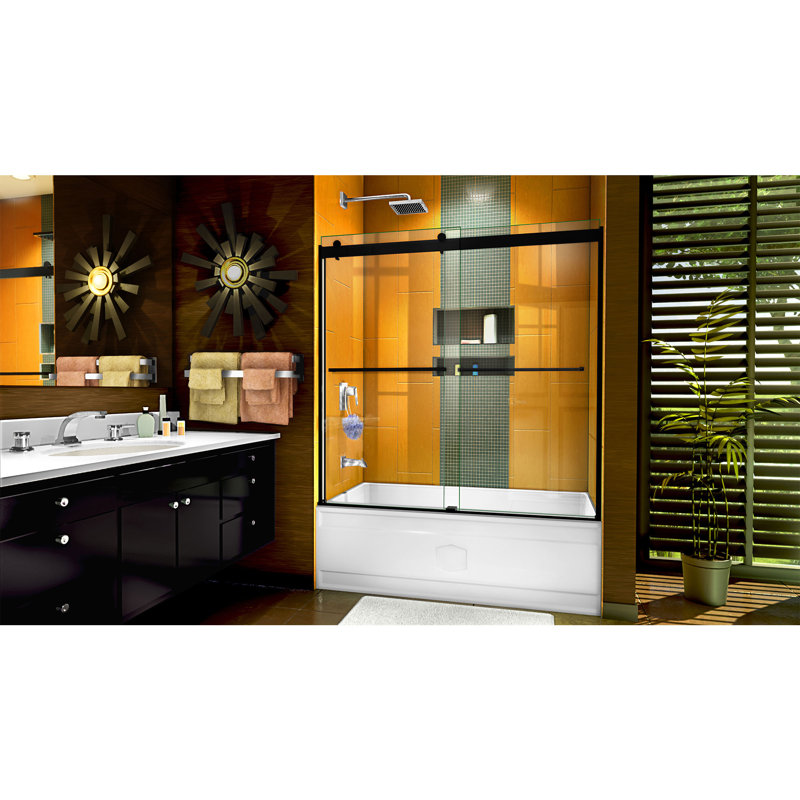 Sapphire 56" W x 60" H Bypass Semi-Frameless Tub Door with ClearMax Technology, Matte Black/Smoke Grey