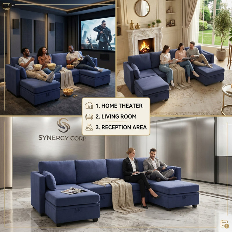 U-Shaped Sectional Sofa Couch With Storage Seats, Adjustable Backrest & Armrest, Blue Polyester Blend