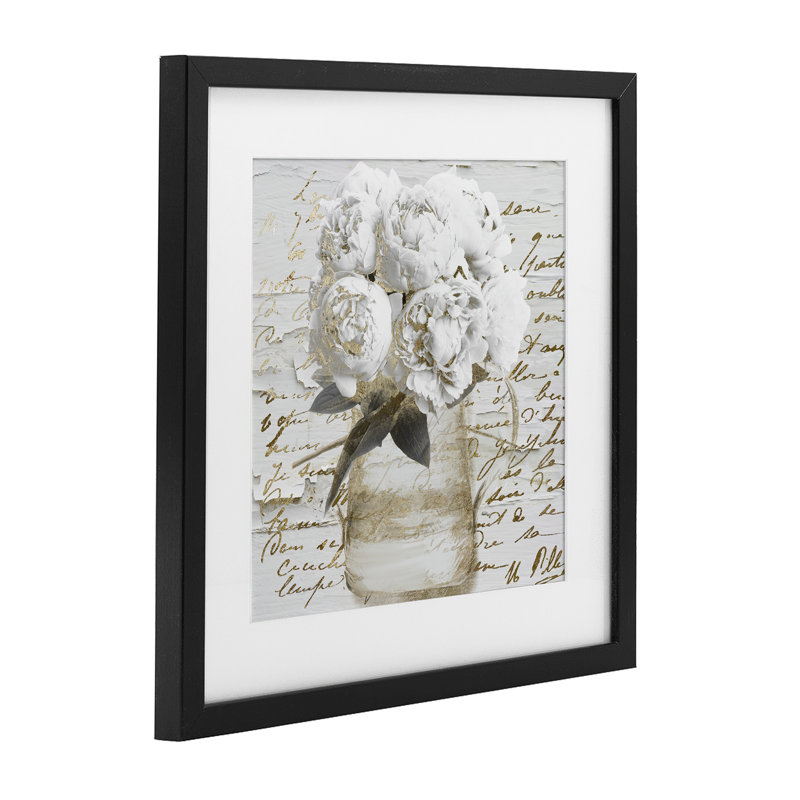 Pivoines avec écriture rétro encadrée sous verre, design par Sophie 6, H 13 po x l 13 po, Cadre noir minuit