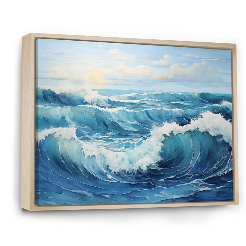 «Teal White Ocean Serenade Pastoral I», art mural sur toile, H 12 po x l 20 po x P 1 po, Cadre naturel flottant