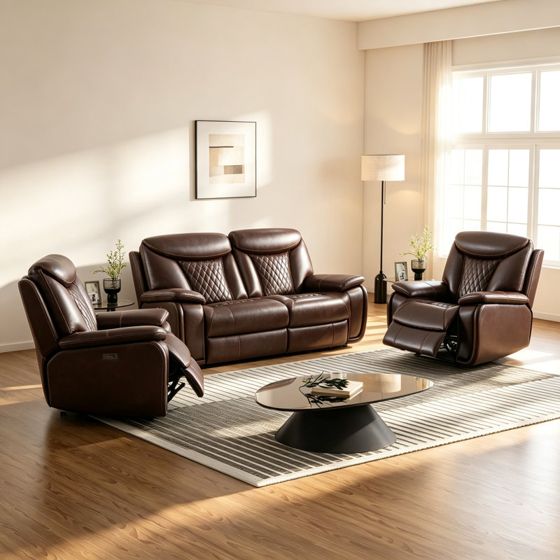 Ensemble de salon inclinable électrique en cuir synthétique 3 pièces avec causeuse et fauteuil inclinable, Brun