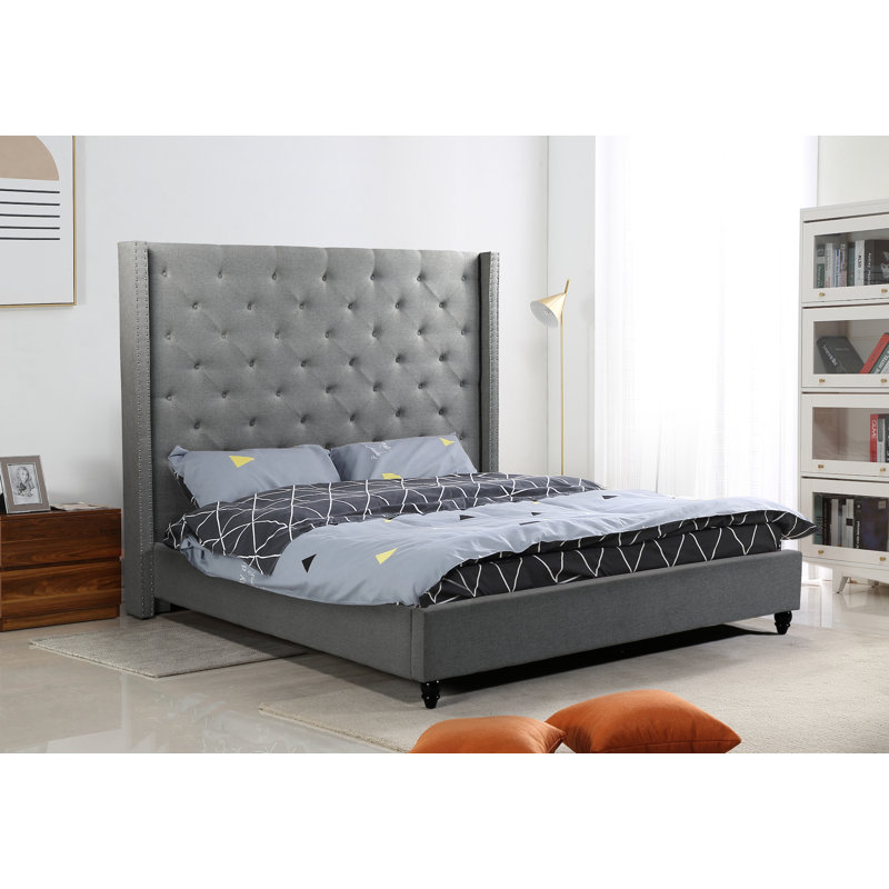 Upholstered Wingback Bed, Gray, Queen