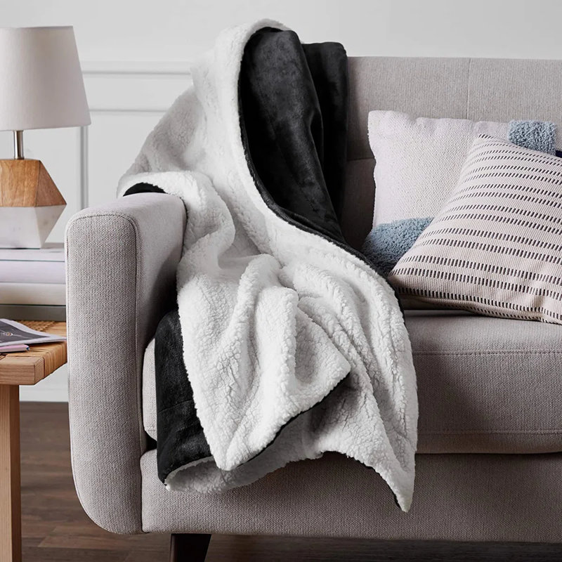 Super Soft Sherpa Fleece Fur Thick Dual Sided Flannel Reversible Blanket Throw, Black, King 200cm x 240cm