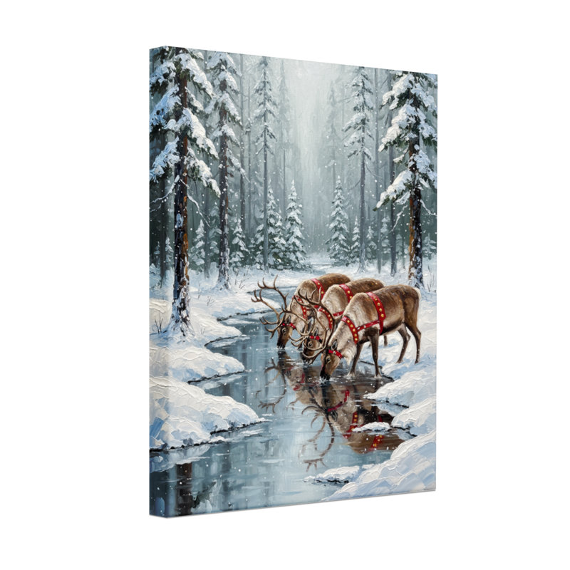 Christmas Winter Forest Reindeer Snowy Stream Reflection Set of 3 Canvas Wall Art Prints, 30" H x 20" W