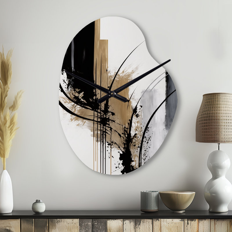 Noir, blanc et or Expression II - horloge murale abstraite de forme unique en métal, impression d'horloge murale asymétrique moderne