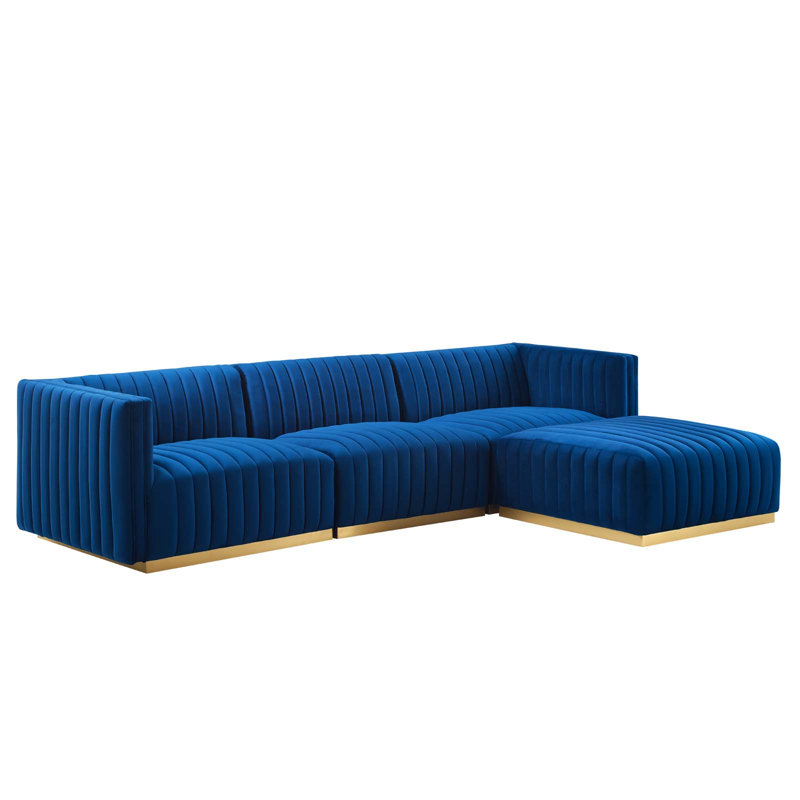 Conjure Channel Tufted Performance Velvet 4-Piece Sectional by Modway, Navy Velvet, Gold