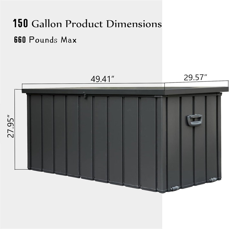 Boîte de rangement extérieure 150 gallons imperméable, H 27,95 po x l 49,41 po x P 29,57 po, Gris foncé