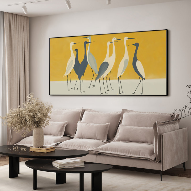 Très grande reproduction d'art sur toile - Illustration abstraite de silhouettes de grues minimalistes pour la décoration d'œuvres d'art dans le salon ou la chambre à coucher - «Assemblage requis du cadre (cadre non fini)»