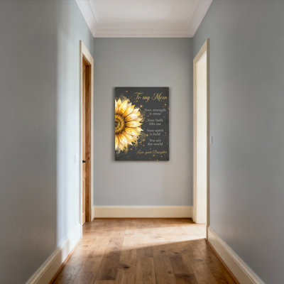 Tableau floral tournesol avec citation inspirante, toile tendue sur châssis, décoration murale idéale comme cadeau mère-fille.