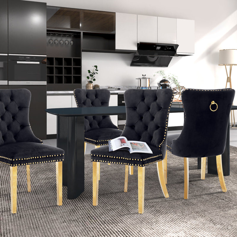 Johnfrancis Tufted Kitchen Velvet Upholstered Back Side Dining Chair, Gold, Black