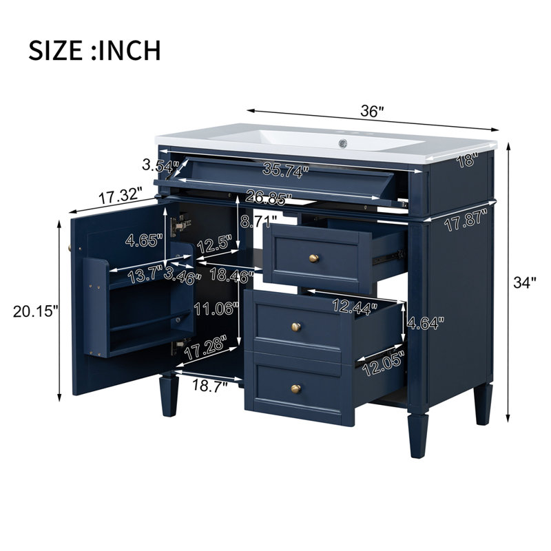Meuble-lavabo 36 po avec lavabo supérieur, Bleu