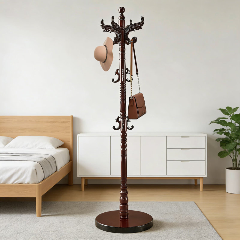 Waavryee Solid Birch Wood Coat Rack With 14 Hooks, Freestanding Heavy-Duty Clothes Tree For Entryway, Office, Or Corner, Vintage European Design With Triangular Base