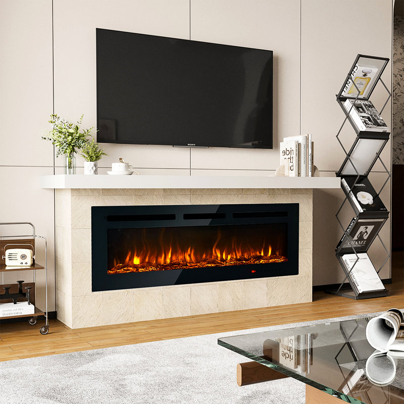 Electric Fireplace Recessed And Wall Mounted, Fireplace Heater With Touch Screen And Remote Control, Adjustable Flame Color, 750w/1500w