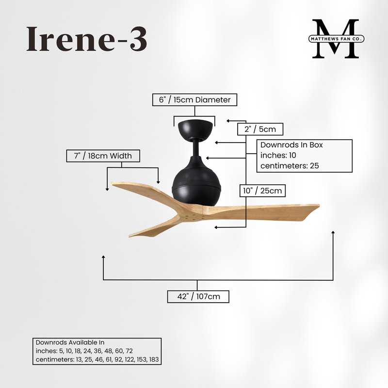 60" Irene Paddle 3 Blade Ceiling Fan, Matte Black, 42", Light Maple Tone