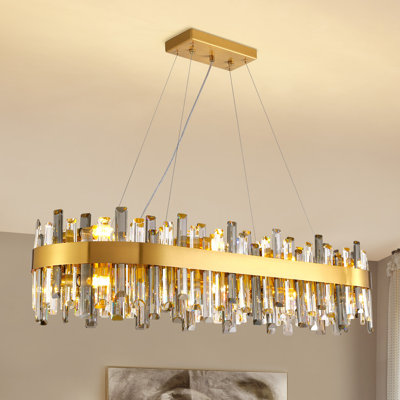 Kacy Dimmable 16-Light Gold Rectangle Crystal Chandelier Modern Ceiling Light for Kitchen Island Dining Room