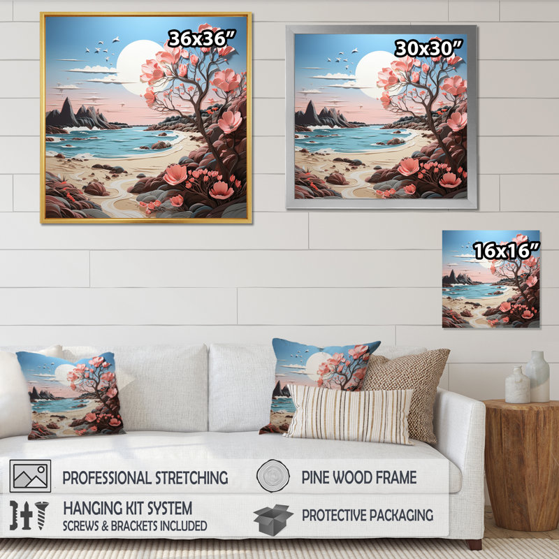 " Pink Beachside Bloom Papercut I ", 36" H x 36" W x 1.5" D, Black Single Picture Framed