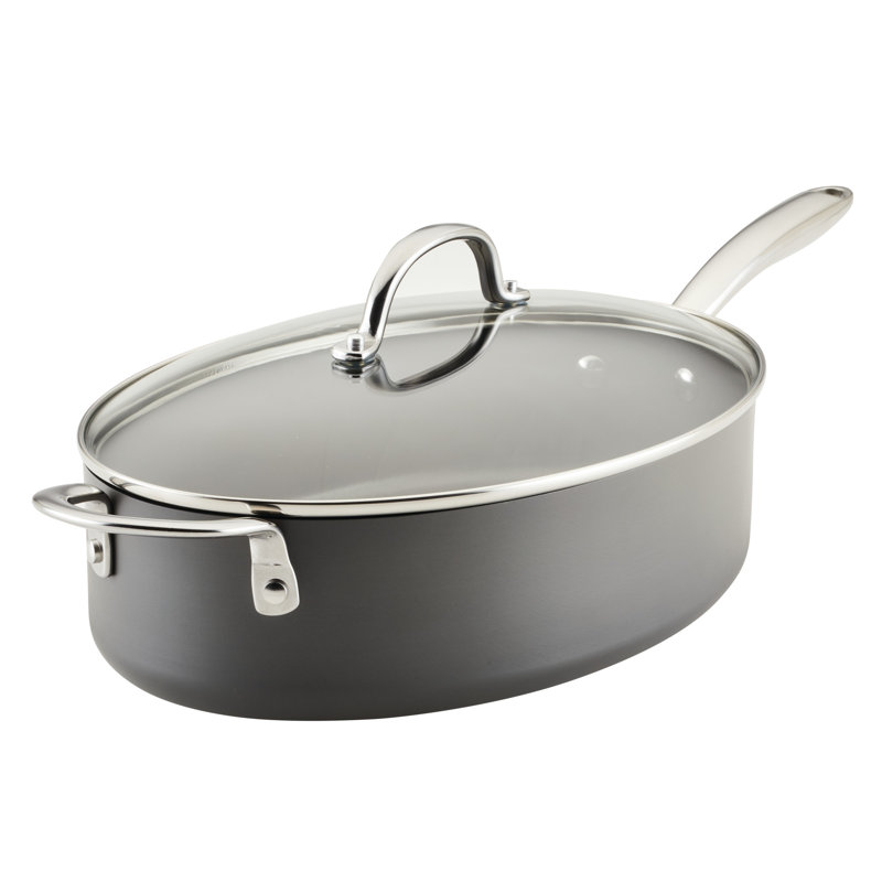 Rachael Ray Hard Anodized Nonstick Cookware Oval Saute Pan With Helper Handle And Lid, 5 Quart, Gray