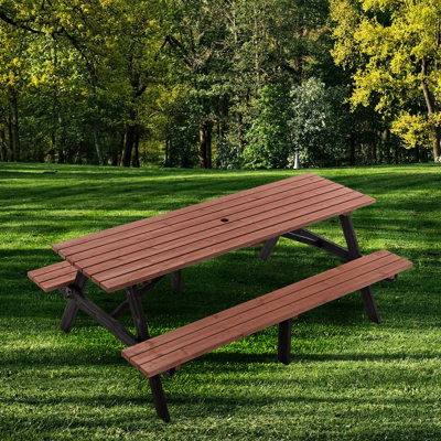 75" Solid Wood Picnic Table Set 2200 Lbs Capacity Rustic Brown Outdoor Patio Dining With Umbrella Hole Heavy-Duty For Backyard, Lawn, BBQ (190Cm)