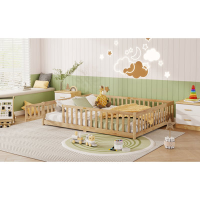 Queen Size Floor Bed With Fence,Door,Rubber Wood Floor Bed With Safety Guardrails,Natural (Old Sku W504P286389)