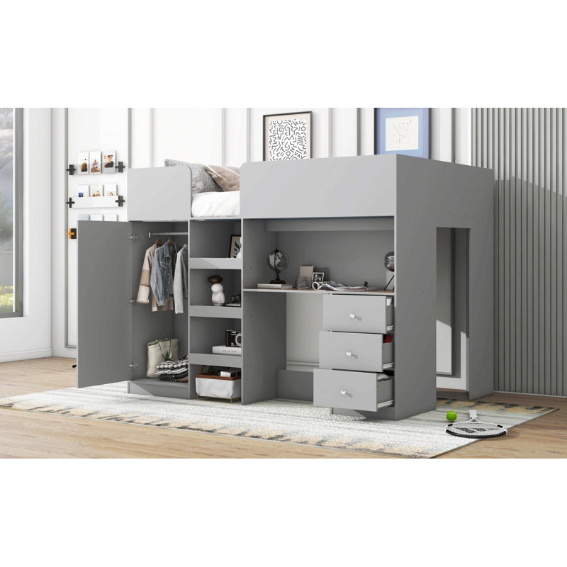 Lit mezzanine double en bois avec garde-robe intégrée, bureau, tablettes de rangement et tiroirs, Gris