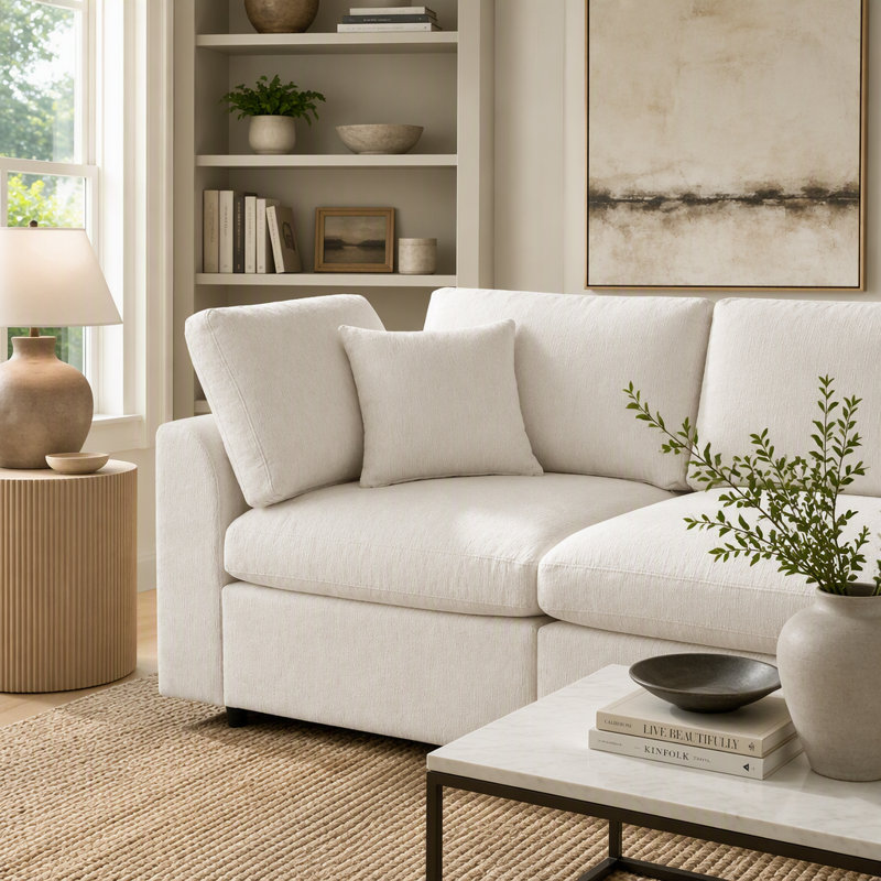 Ensemble de canapé modulaire 3 pièces, 2 places + 1 place + repose-pieds mobile, canapé en chenille avec structure en bois massif, comprend 2 coussins décoratifs, ensemble de salon moderne à assise profonde