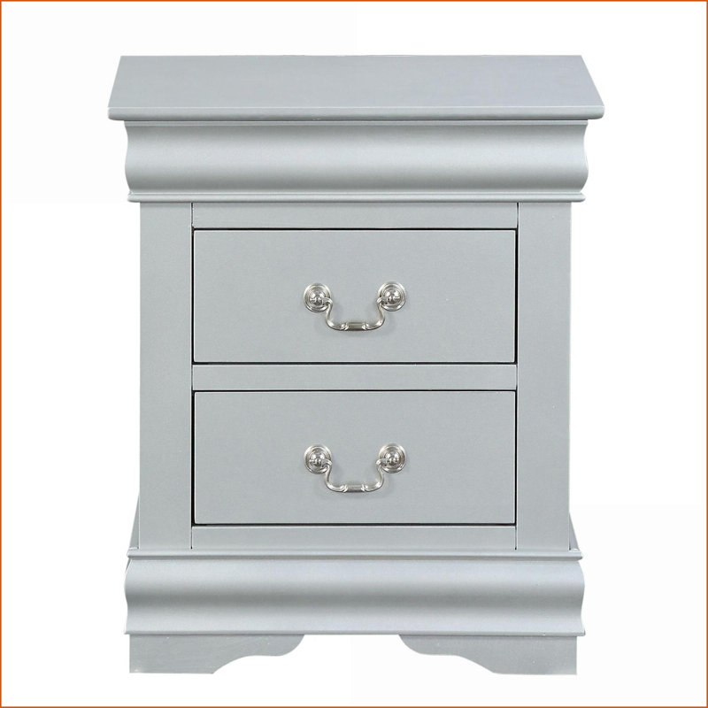 Table de chevet 2 tiroirs Platinum avec rangement coulissant pour chambre à coucher, Argent argent