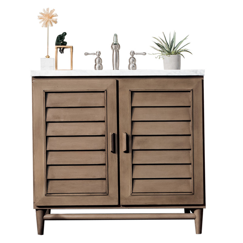 Portland 36'' W Single Vanity, Whitewashed Walnut, White Zeus, 8" Widespread