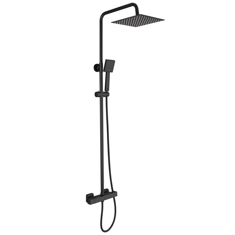 Single Handle 2-Spray Wall Bar Shower Kit Rectangular Rain Shower Head With Handheld Sprayer Slide Bar In Matte Black