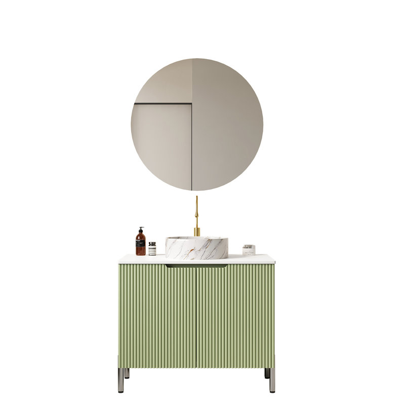 Meuble-lavabo autoportant de 30 po, lustre, lavabo rond en céramique blanche avec motif en pierre, comptoir, 2 portes d'armoire et mécanisme de fermeture silencieuse pour meuble-lavabo avec comptoir, rangement de porte
