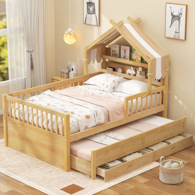 Lit simple avec lit gigogne, tissu d'ameublement et maisonnette de jeu - Lit double pour enfants, naturel