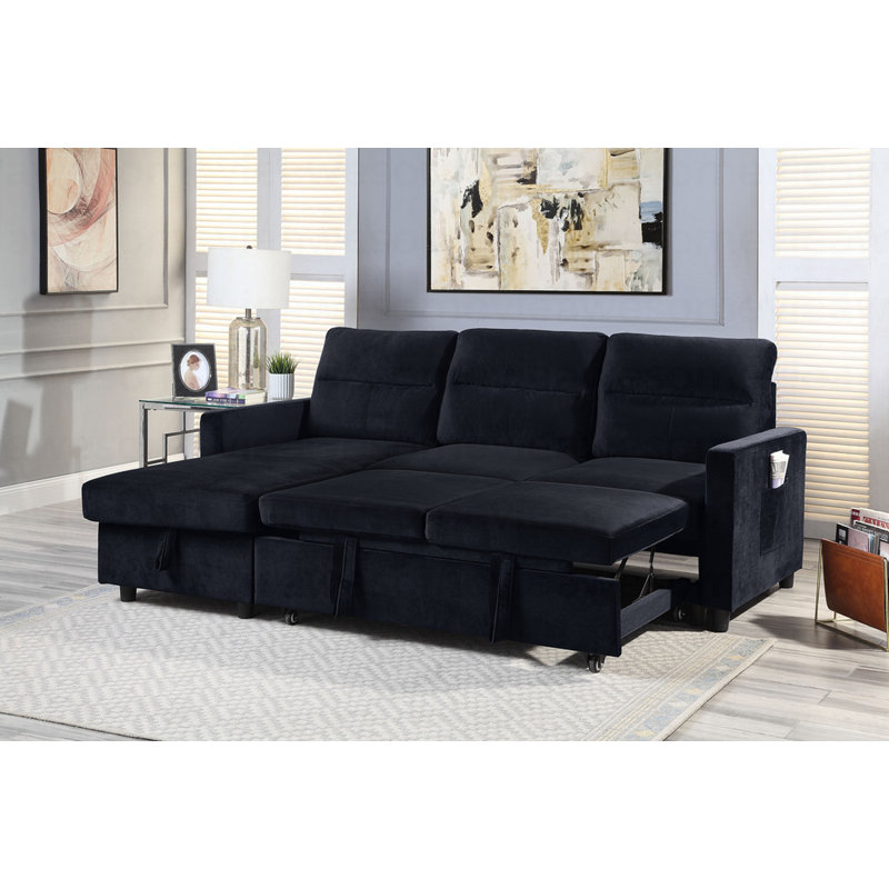 Modern 81.5"W Black Velvet Reversible Sleeper Sectional Sofa With Storage Chaise And Side Pocket, Black Velvet