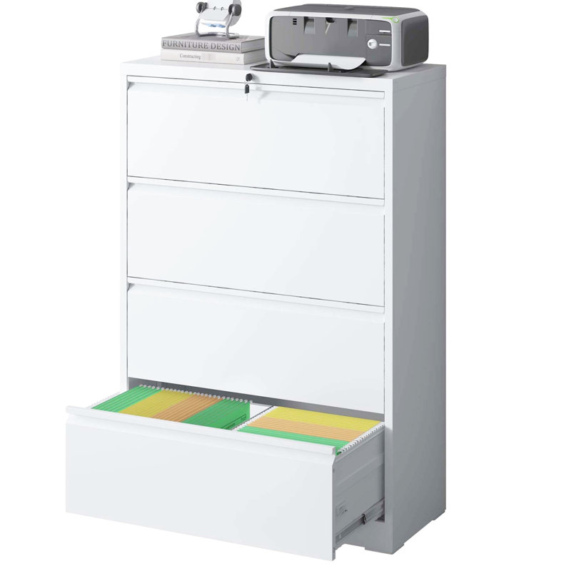 Classeur latéral à 4 tiroirs, armoire en métal verrouillable blanche pour le bureau à domicile, peut contenir des dossiers de format Légal / lettre / a4 / f4, et un classeur de solution de rangement sécurisé en blanc, taille, stable