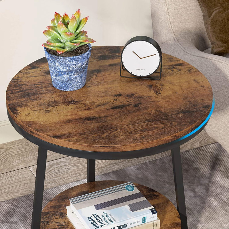 Table de bout industrielle 19,68 "avec tablette de rangement - Table d'appoint ronde à 2 niveaux pour petits espaces, brun rustique - Table de chevet, table de chevet ou table basse robuste pour le salon et la chambre à coucher
