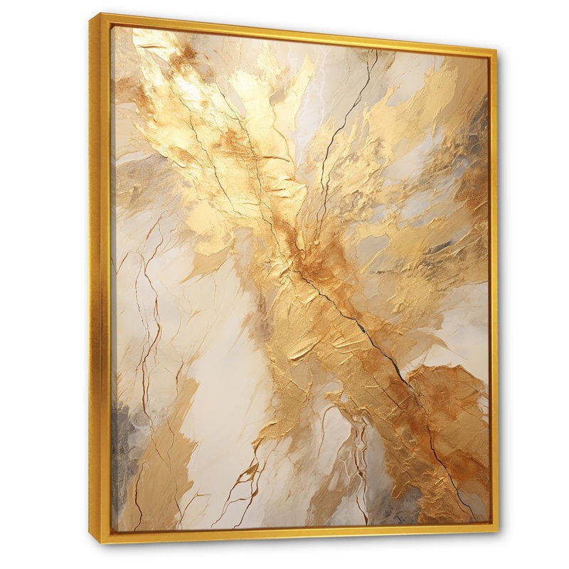 Éclairage marbré beige et doré - reproductions d'art murales abstraites, Cadre flottant doré, H 44 po x l 34 po