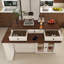 Îlot de cuisine avec table extensible, table de salle à manger extensible avec armoires à porte en verre avec prise intégrée, pour 2 à 4 personnes-746257207