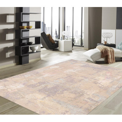 Tapis beige / gris en laine / soie noué à la main