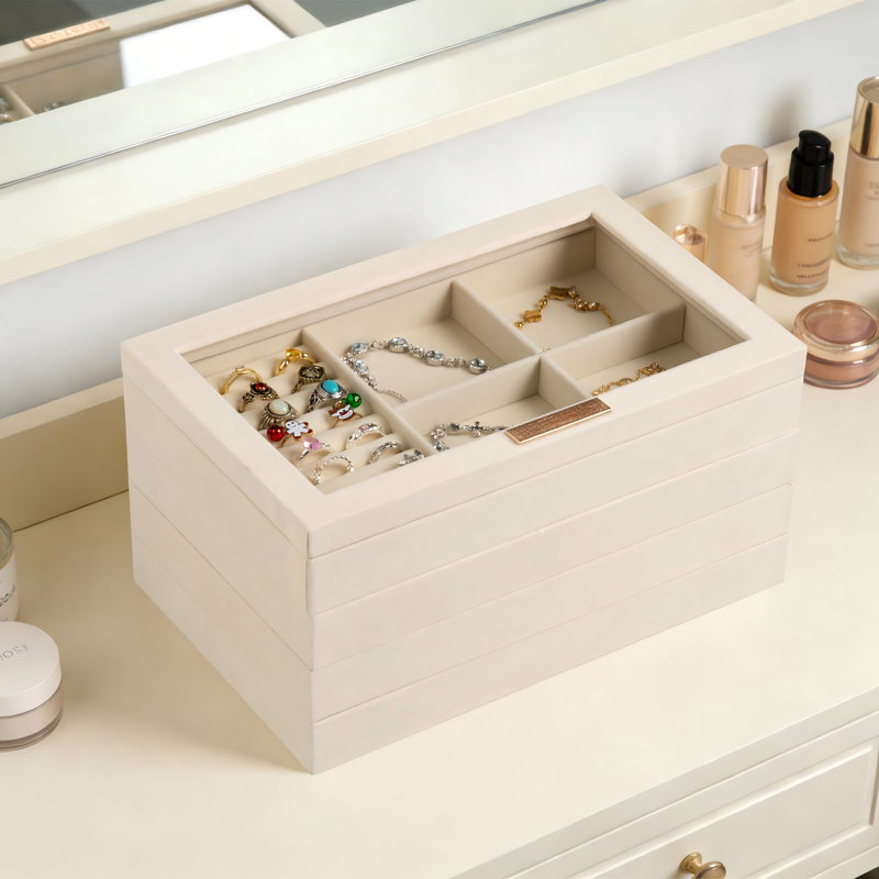 Plateaux à bijoux empilables, organisateur de bijoux à tiroir en velours avec couvercle en verre, rangement multifonctionnel à bijoux 5 en 1 (beige)