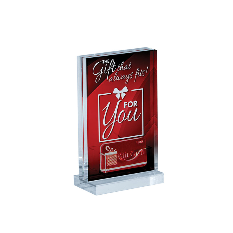 Porte-affiche vertical en acrylique sur base en acrylique l 5,5 po x H 8,5 po avec pochette pour carte-cadeau
