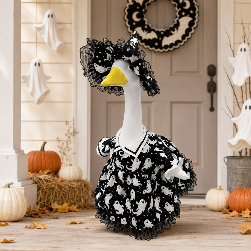 Décorations d'Halloween : Robe fantôme noire en dentelle, ensemble de costumes d'oies pour porche