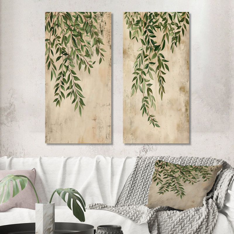 «Green Botanical Plant Vines I - Plants», ensemble de 2 pièces d'art mural, H 32 po x l 32 po, Toile tendue sur cadre