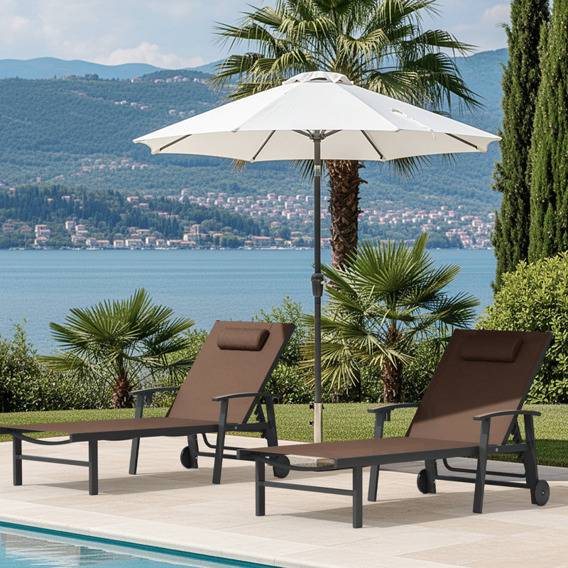Outdoor Patio Chaise Lounge Set Of 2 With Wheels And Armrests, Brown