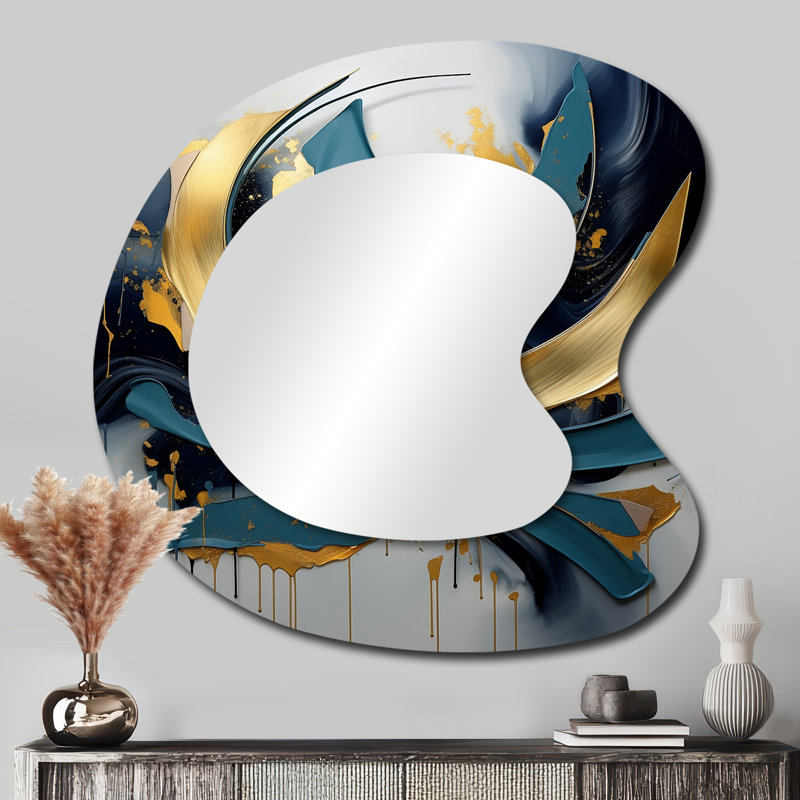 Tourbillon de fractale abstraite gris doré de sérénité I - Grand miroir mural asymétrique moderne, 33 po x 33 po